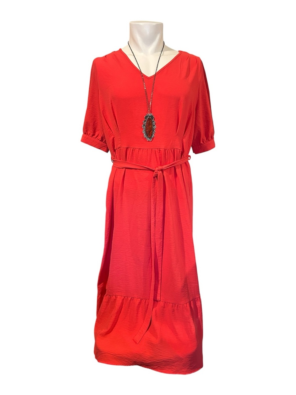NAIF Red V-Neck Belted Maxi Dress